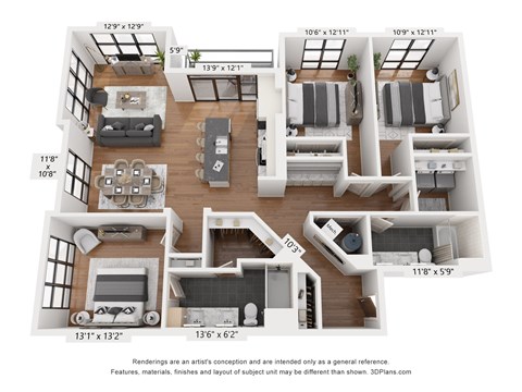 A diagram of a house layout with dimensions and furniture placement.